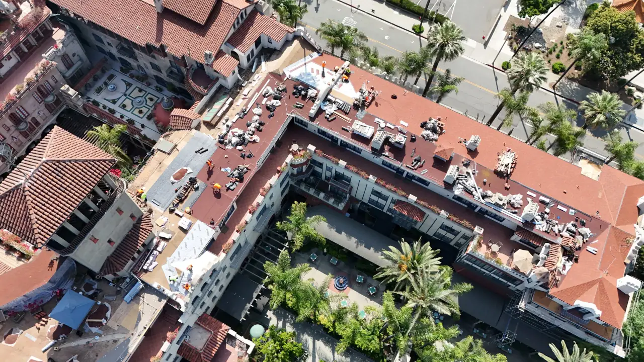 Aerial view of the Mission Inn courtyard and surrounding tile roofs