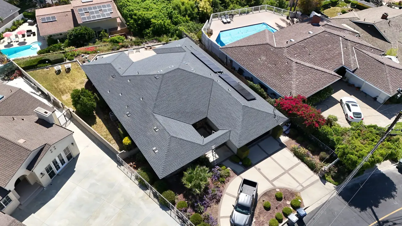 Aerial view of a hillside home's roof in Rancho Palos Verdes